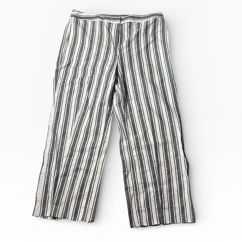 Ann Taylor Wide Leg Crop Pants Striped Linen Blend Size 14 Dark Grey White Boho